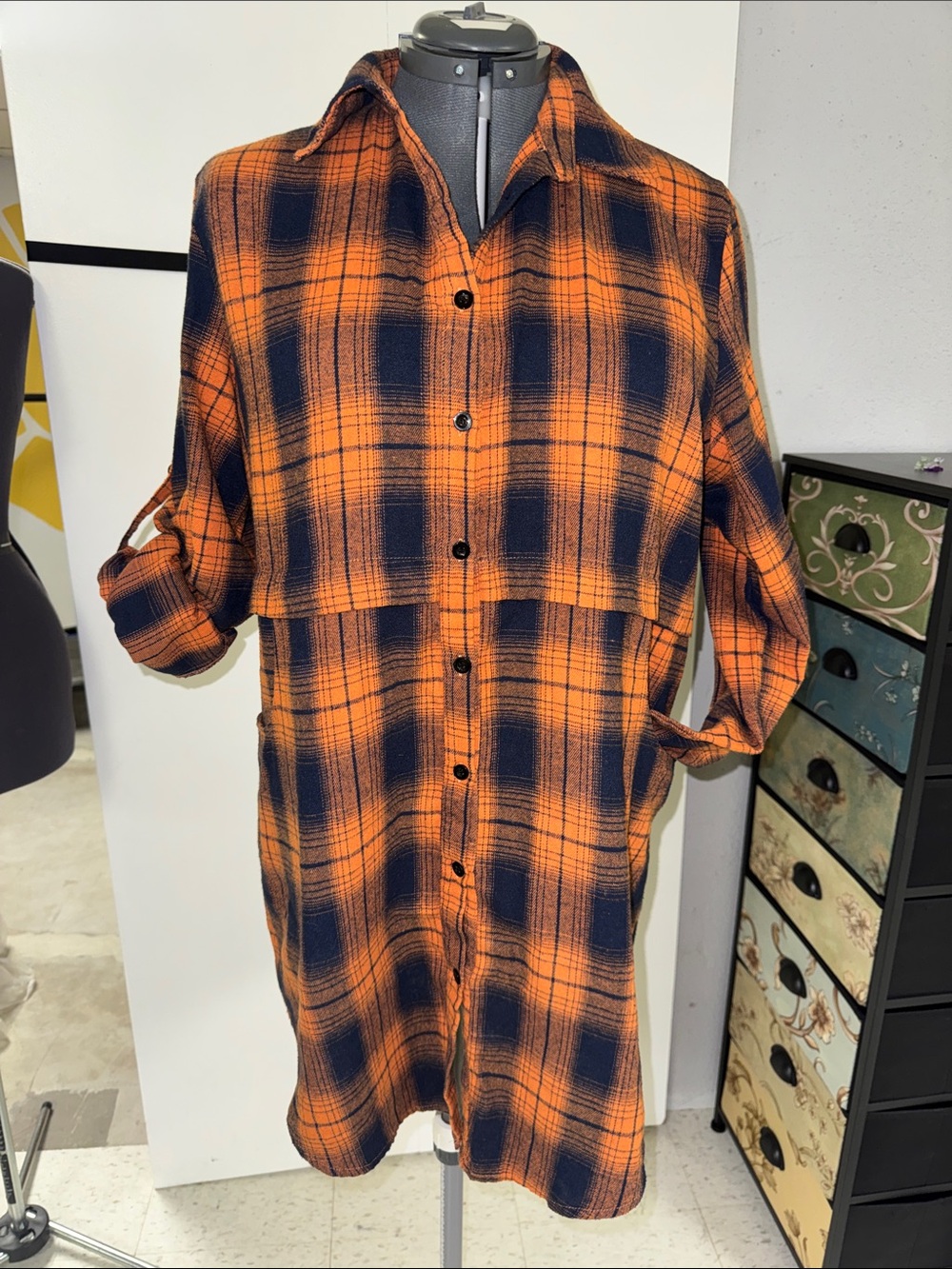 Button-Front Plaid Tunic in Orange and Navy